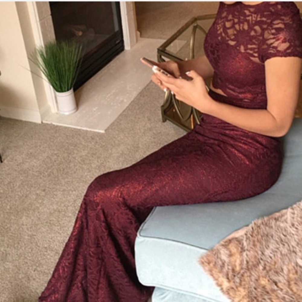 Two Piece Burgundy Prom Dress